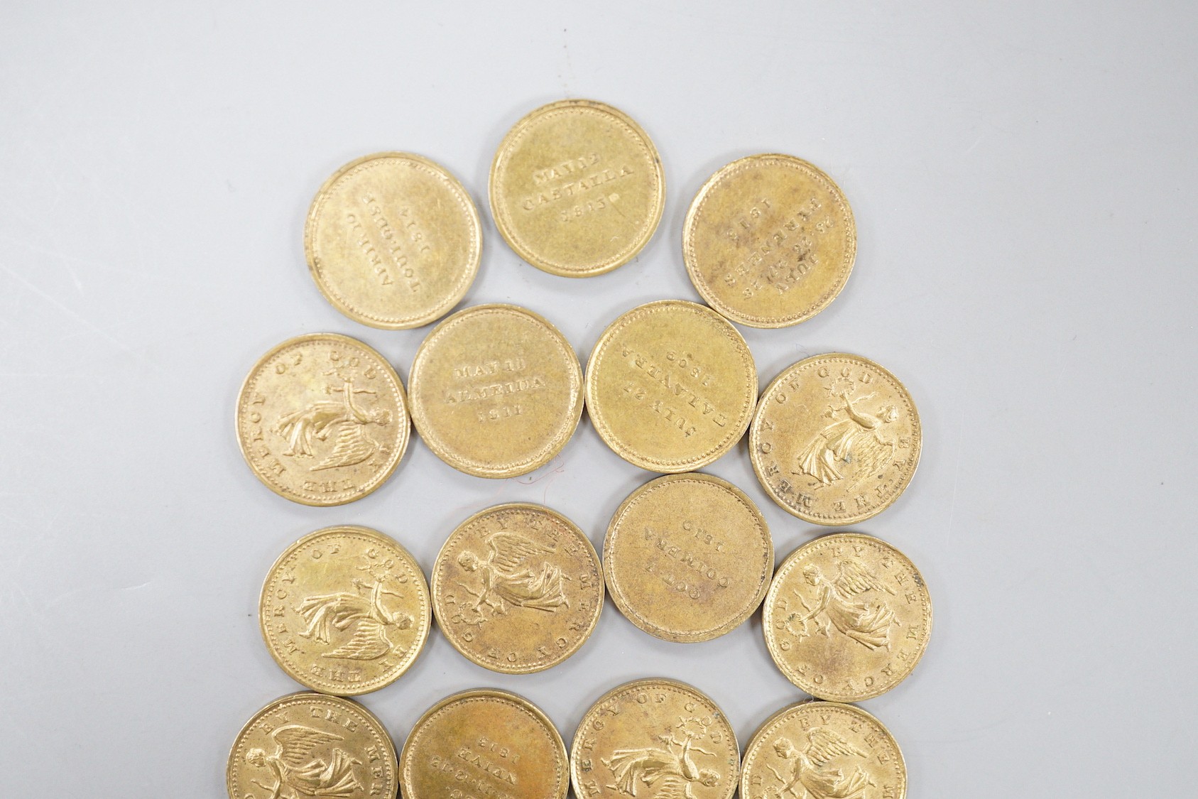 ‘Marquis of Wellington’ British Victories in the Peninsular Campaign cylindrical brass box by Thomason & Jones, containing 23 gilt medallions depicting Winged Victory and the date of a Peninsular battle